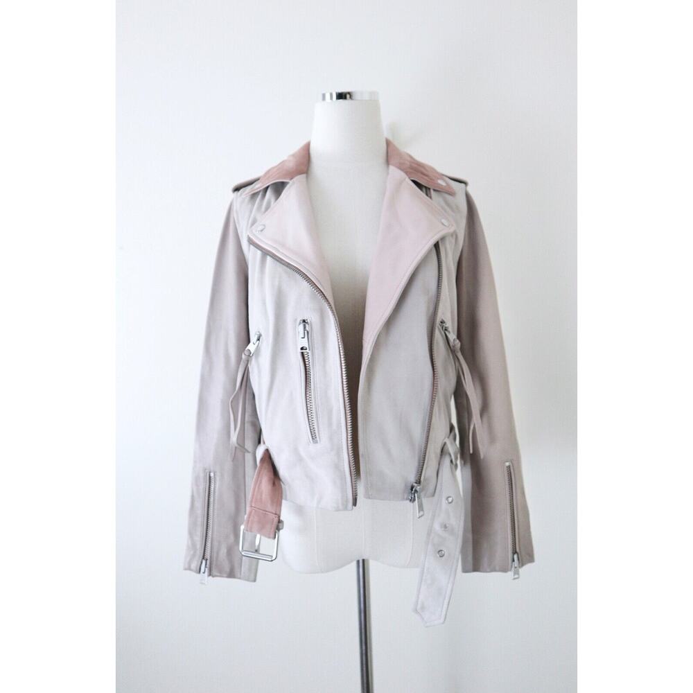 AllSaints Size 4 Balfern Biker Jacket Suede Leather Moto Cream Pink Mix - Picture 11 of 13